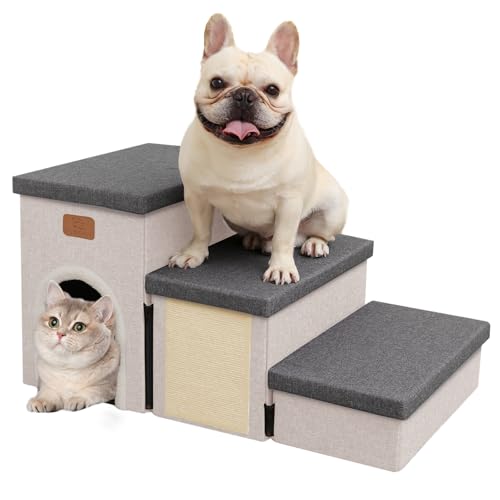 downluxe Hundetreppe für Kleine Hunde, Faltbare Hundetreppe für Bett, Sofa und Stuhl, rutschfeste Haustiertreppe mit Katzenkratzer und Höhle (3-stufige Haustiertreppe, Grau-Beige) von downluxe