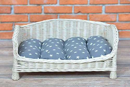 e-wicker24 Tierkorb Hundekorb Lager aus Weide für Hund Katze mit weichem Kissen Liegestuhl für Tiere Katzenlager Hundlager Hundebett Katzenbett (84x62 H42, Creme) von e-wicker24 Alles aus Weide