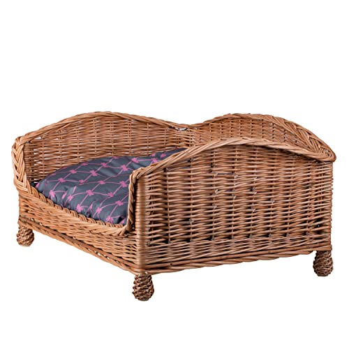 e-wicker24 Tierkorb/HundekorbEin Lager aus Weide für einen Hund/eine Katze mit einem weichen Kissen, ein Liegestuhl für Tiere, Katzenlager/Hundlager, Hundebett/Katzenbett (64x42 H35, Grau) von e-wicker24