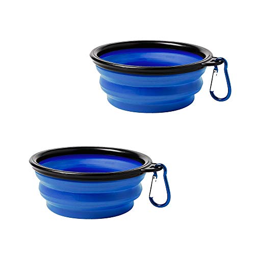 eBuyGB Tragbarer Faltbarer Pop-Up-Silikon-Fressnapf für Hunde und Katzen, mit Metall-Karabiner, 450 ml, Blau, 2 Stück von eBuyGB