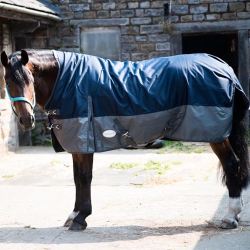 eQuitack Your Passion Is Our Mission Outdoor Winterdecke Turnout 100% Wasserdicht 600D Highneck 150G Fulling - Navy/Grau 145cm von eQuitack Your Passion Is Our Mission