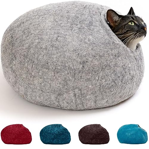 ecocasa Katzenhöhle Katzenbett Katzenhaus XL – auch für große Katzen – außen robust & innen kuschelig weich – 5 Farben – feinste Wolle – Hellgrau von ecocasa