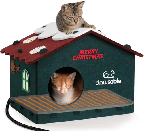 Weihnachten Beheiztes Katzenbett Innen, Niedliche Filzkatzenbetten für Indoor-Katzen mit Weihnachtsdekorationen, Kratzfeste Katzenhäuser für Indoor-Katzen, Katzenbetthöhle mit beheiztem Pad von eekkii