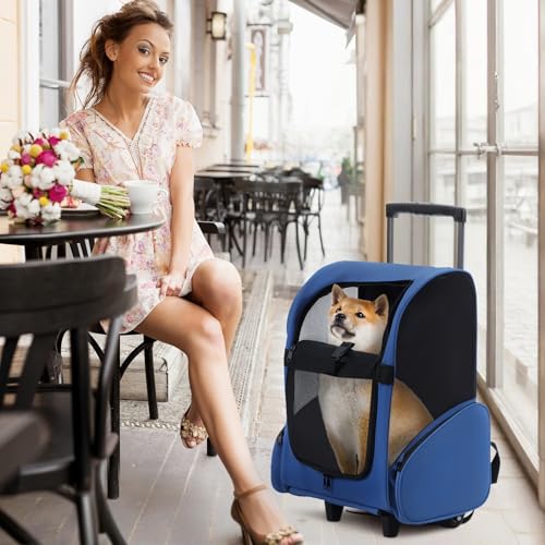 Ehozirta Rolling Pet Carrier mit Teleskopgriff, Doppelräder und Rucksackgurten, Faltbarer Reisebereich und Katzenträger mit Belüftungsnetz, Seitentaschen, Hochleistungs 600d Oxford Tuch Königsblau von ehozirta