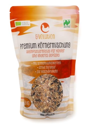 Eivolution Premium Bio Körnermischung 800g - Probiergröße - für Hühner & Geflügel – Energiereiches Futter mit Weizen, Mais, Gerste, Sonnenblumenkernen, Muschelgrit von eivolution