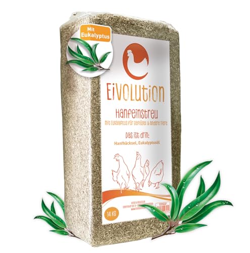 eivolution Hanfeinstreu mit Eukalyptus | 14 KG | Für Hühner, Nager wie Meerschweinchen und Kaninchen & Pferde | Extrem Saugfähig I Staubarm I Für EIN gutes Stallklima von eivolution