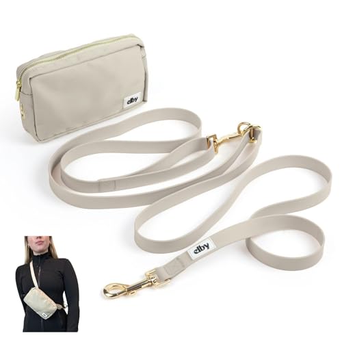 Elby, Freihändige Hundeleine mit Leckerlibeutel – Crossbody-Leine mit Bauchtasche – Spaziergangstasche für Haustiertraining – Hundezubehör und Essentials – für mittelgroße und große Hunde (Beige, von elby