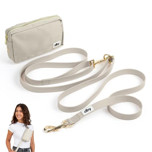 Elby, Freihändige Hundeleine mit Leckerlibeutel – Crossbody-Leine mit Bauchtasche – Spaziergangstasche für Haustiertraining – Hundezubehör und Essentials – für mittelgroße und große Hunde (Beige, von elby