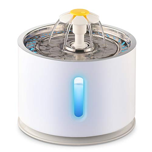 ele ELEOPTION Katzenbrunnen, 2.4 l Katzen Trinkbrunnen mit Ersatzfilter, Rostfreier Stahl Automatische Wasserspender mit LED-Licht-Wasserstandsfenster, für Katzen, Hunde, Kleintiere (A) von ele ELEOPTION