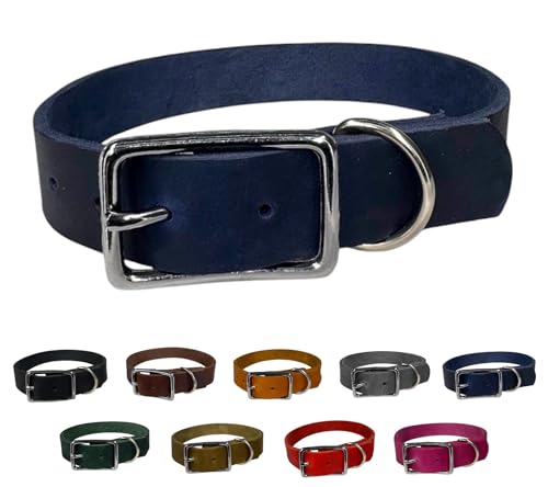 Hunde Halsband Fettleder Silber/XS - XXL für kleine & große Hunde/verstellbar/Flaches Halsband in verschiedenen Breiten (Marineblau, XL (53-59cm) Breite: 25mm) von elropet