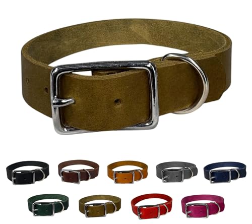 Hunde Halsband Fettleder Silber/XS - XXL für kleine & große Hunde/verstellbar/Flaches Halsband in verschiedenen Breiten (Olive, XS (27-33cm) Breite: 12mm) von elropet