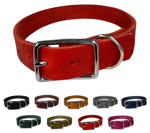 Hunde Halsband Fettleder Silber/XS - XXL für kleine & große Hunde/verstellbar/Flaches Halsband in verschiedenen Breiten (Rot, M (41-47cm) Breite: 12mm) von elropet