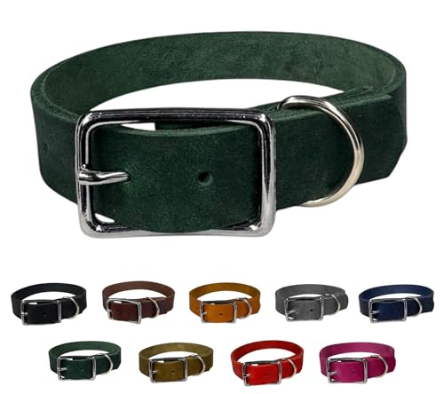 Hunde Halsband Fettleder Silber/XS - XXL für kleine & große Hunde/verstellbar/Flaches Halsband in verschiedenen Breiten (Tannengrün, M (41-47cm) Breite: 12mm) von elropet