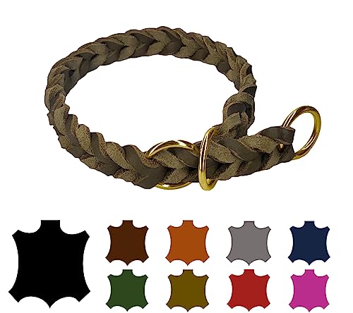 Hundehalsband Fettleder/Halsband ZugStopp Messing/kleine Hunde & große Hunde / 15mm / 20mm / 25mm / XXS - XL (30 Breite: 15mm, Olivegrün) von elropet