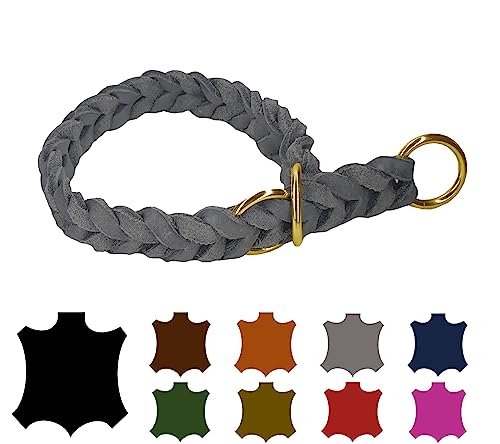 Hundehalsband Fettleder/Halsband ZugStopp Messing/kleine Hunde & große Hunde / 15mm / 20mm / 25mm / XXS - XL (50 Breite: 20mm, Grau) von elropet