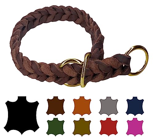 Hundehalsband Fettleder/Halsband ZugStopp Messing/kleine Hunde & große Hunde / 15mm / 20mm / 25mm / XXS - XL (55 Breite: 15mm, Braun) von elropet