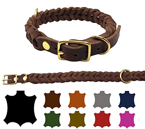 Hundehalsband Fettleder große Hunde verstellbar Messing handgeflochten Made IN Germany Lederhalsband (L 42cm-48cm Breite:20mm, Braun) von elropet