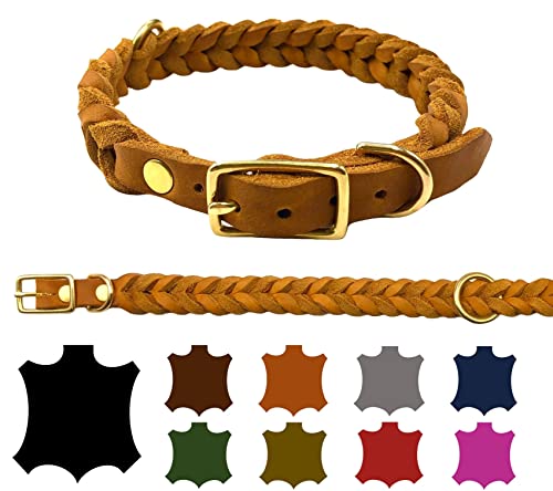 Hundehalsband Fettleder große Hunde verstellbar Messing handgeflochten Made IN Germany Lederhalsband (L 42cm-48cm Breite:20mm, Cognac) von elropet