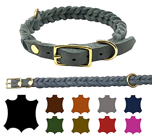 Hundehalsband Fettleder große Hunde verstellbar Messing handgeflochten Made IN Germany Lederhalsband (L 42cm-48cm Breite:20mm, Grau) von elropet