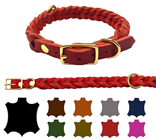 Hundehalsband Fettleder große Hunde verstellbar Messing handgeflochten Made IN Germany Lederhalsband (L 42cm-48cm Breite:20mm, Rot) von elropet