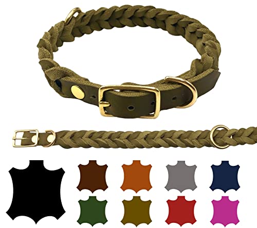 Hundehalsband Fettleder große Hunde verstellbar Messing handgeflochten Made IN Germany Lederhalsband (L 42cm-48cm Breite:25mm, Olivegrün) von elropet