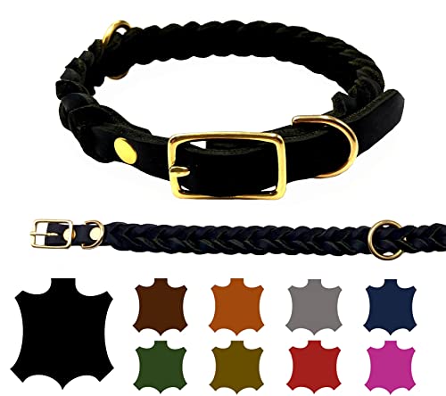 Hundehalsband Fettleder große Hunde verstellbar Messing handgeflochten Made IN Germany Lederhalsband (M 37cm-43cm Breite:25mm, Schwarz) von elropet