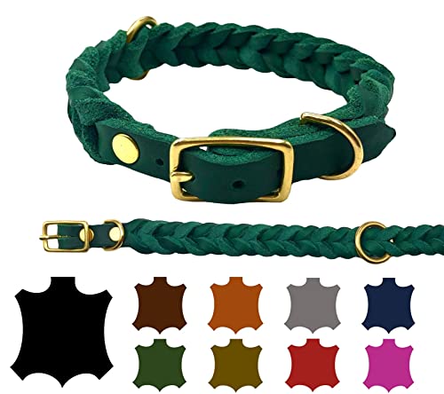 Hundehalsband Fettleder große Hunde verstellbar Messing handgeflochten Made IN Germany Lederhalsband (S 32cm-38cm Breite:20mm, Tannengrün) von elropet