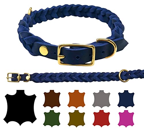 Hundehalsband Fettleder große Hunde verstellbar Messing handgeflochten Made IN Germany Lederhalsband (XL 47cm-53cm Breite:25mm, Marineblau) von elropet