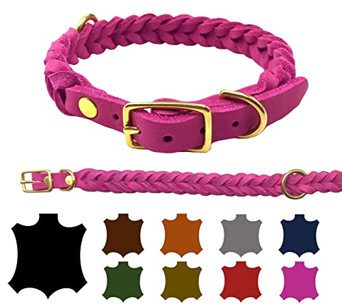 Hundehalsband Fettleder große Hunde verstellbar Messing handgeflochten Made IN Germany Lederhalsband (XL 47cm-53cm Breite:25mm, Pink) von elropet