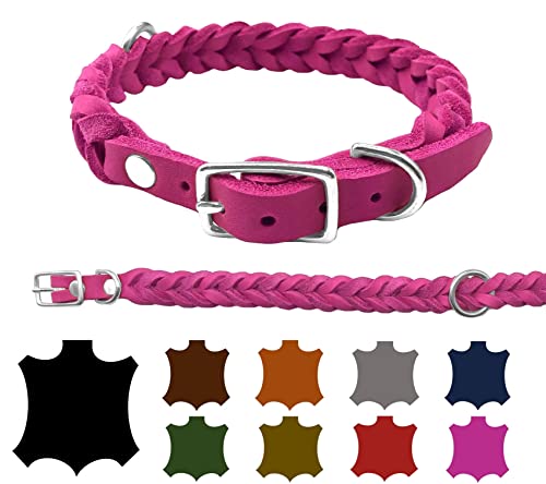 Hundehalsband Fettleder kleine Hunde/große Hunde verstellbar handgeflochten Made IN Germany (M 37cm-43cm Breite:20mm, Pink) von elropet