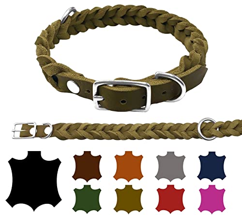 Hundehalsband Fettleder kleine Hunde/große Hunde verstellbar handgeflochten Made IN Germany (S 32cm-38cm Breite:15mm, Olivegrün) von elropet