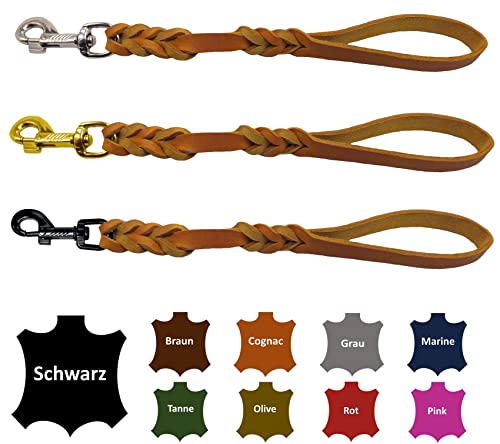 Hundeleine Fettleder/Kurzführer Leder handgeflochten für mittlere und große Hunde (Cognac, 40cm Haken: Edelstahl (Silber)) von elropet