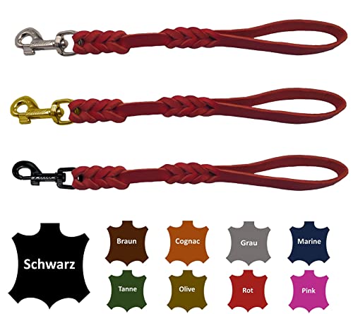 Hundeleine Fettleder/Kurzführer Leder handgeflochten für mittlere und große Hunde (Rot, 40cm Haken: Schwarz) von elropet