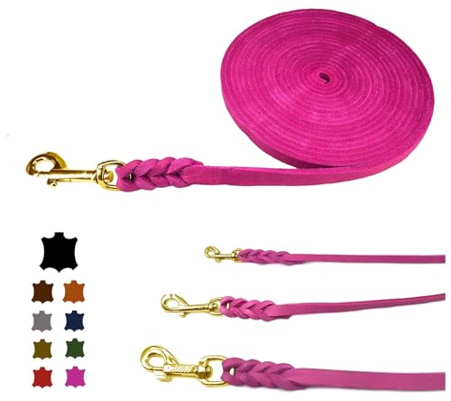 Hundeleine Fettleder/Schleppleine Leder Messing/Lederleine kleine Hunde & große Hunde / 2m / 3m / 5m / 10m / 15m /20m (Pink OHNE Handschlaufe, 15m / 15mm) von elropet