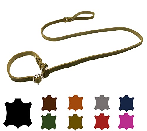 Hundeleine Fettleder Agility/Retrieverleine mit Zugstopp/Moxonleine für kleine Hunde/große Hunde (1,70m X 12mm, Olivegrün) von elropet