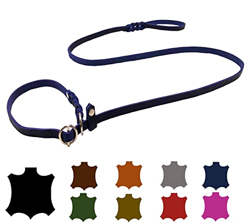 Hundeleine Fettleder Agility/Retrieverleine mit Zugstopp/Moxonleine für kleine Hunde/große Hunde (2,20m X 8mm, Marineblau) von elropet