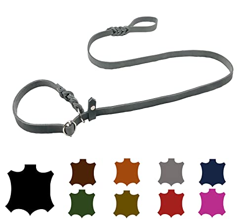 Hundeleine Fettleder Agility/Retrieverleine mit Zugstopp/Moxonleine für kleine Hunde/große Hunde (1,70m X 15mm, Grau) von elropet