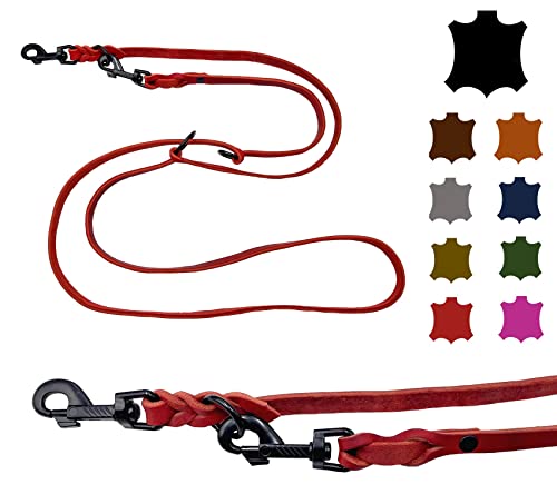 Hundeleine Fettleder kleine Hunde/große Hunde SCHWARZER Haken 2m / 2,40m / 2,80m / 3,50m / 5m Doppelleine verstellbar (2,40m X 8mm, Rot) von elropet