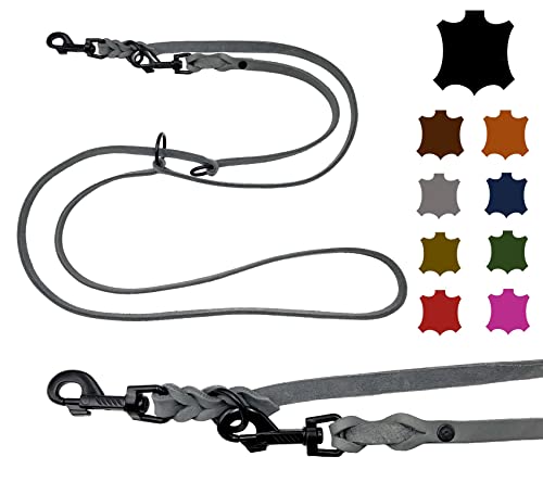 Hundeleine Fettleder kleine Hunde/große Hunde SCHWARZER Haken 2m / 2,40m / 2,80m / 3,50m / 5m Doppelleine verstellbar (3,50m X 15mm, Grau) von elropet