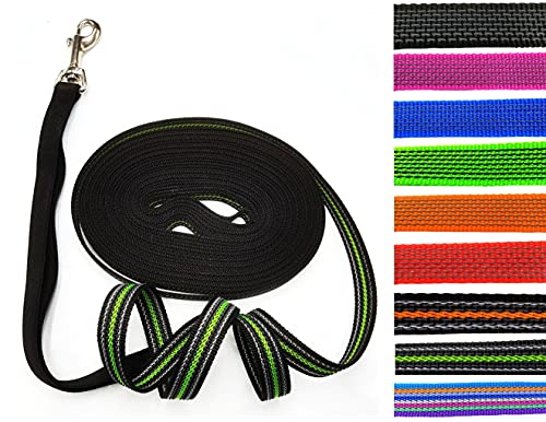 Schleppleine gummiert MIT RUCKDÄMPFER 1m - 30m / 20mm breit/für mittlere und große Hunde MIT/OHNE Handschlaufe (30m MIT Handschlaufe, Schwarz-Neongrün gummiert) von elropet