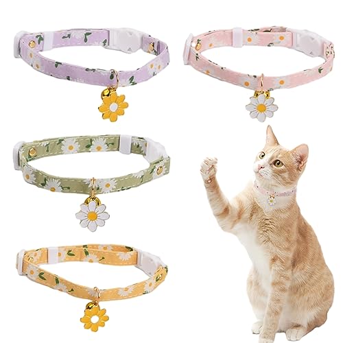 Katzenhalsband mit Glöckchen, verstellbares Katzenhalsband, niedliches Gänseblümchen-Stil, Katzenhalsband mit Schnellverschluss-Schnalle, Breakaway Kätzchenhalsband, 18–30 cm, 4 Stück von emperoch