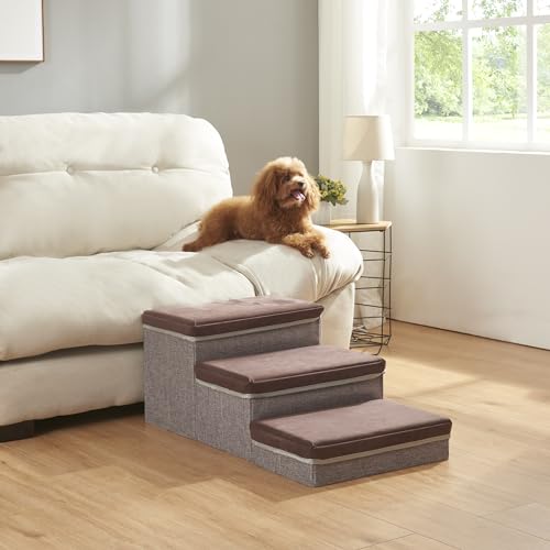 [en.casa] Hundetreppe Vojens Hunderampe für kleine Hunde 3-stufig Haustierleiter für Bett und Sofa Klappbar Katzentreppe 30cm hoch 75x40x30cm Braun/Grau von [en.casa]