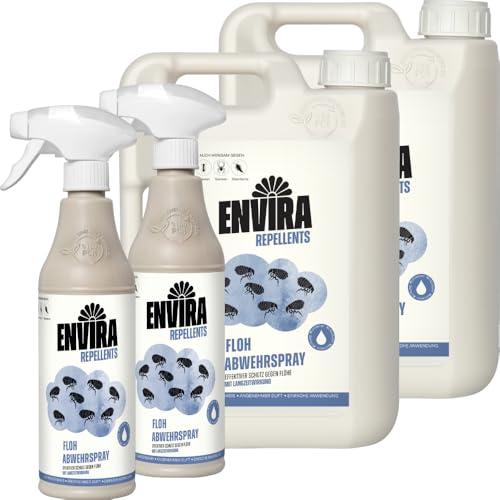 Envira Floh Abwehrspray 2 x 500 ml + 2 x 2 Liter - Spray mit Langzeitwirkung gegen Flöhe, Katzenfloh, Hundefloh - Mittel gegen Flöhe für Wohnung & Möbel - Effektives Flohmittel & Flohschutz von Envira