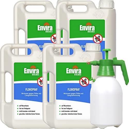 Envira Floh-Spray - Anti Flohmittel für die Wohnung 4X 2L + 2L Drucksprüher - Umgebungsspray, Mittel gegen Flöhe - Geruchlos & Auf Wasserbasis von Envira