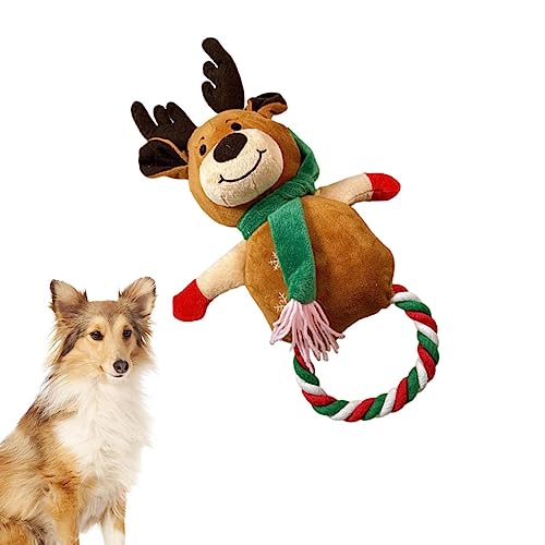 ereqeip Weihnachts-Kauspielzeug für Hunde,Lustiges interaktives Quietschspielzeug für Haustiere | Weihnachtsmann, Schneemann, Elch-Kautrainingsspielzeug, Welpen-Kauspielzeug mit robustem Seil von ereqeip