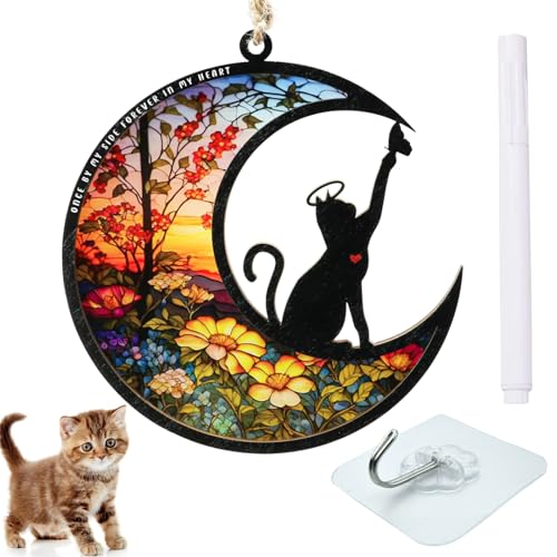 Katze Gedenk Sonnenfänger Sonnenfänger Katze Buntglas Lichtfänger mit KetteKlebehaken Stift Katze Erinnerungsgeschenke Trauergeschenk Haustier Verlorener Lichtfänger Katzen-Souvenirs für Tierliebhaber von ertlutw