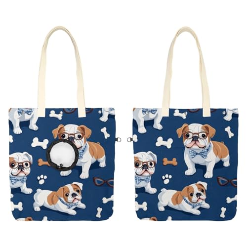 Schultertasche aus Segeltuch, weiche Seiten, Tragetasche für kleine Hunde und Katzen, tragbare Haustier-Handtasche mit verstellbarem Loch, waschbare Reisetasche, Bulldogge mit Brille, 41 x 40 cm von etoenbrc