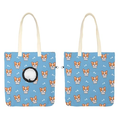 Schultertasche aus Segeltuch, weiche Seiten, Tragetasche für kleine Hunde und Katzen, tragbare Haustier-Handtasche mit verstellbarem Loch, waschbare Reisetasche, Cartoon-Corgi-Hund, 49,3 x 41,9 cm von etoenbrc