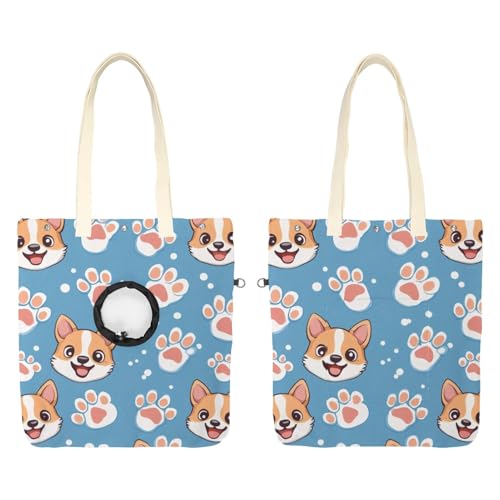 Schultertasche aus Segeltuch, weiche Seiten, Tragetasche für kleine Hunde und Katzen, tragbare Haustier-Handtasche mit verstellbarem Loch, waschbare Reisetasche, Corgi und Hundepfote, 41 x 40 cm von etoenbrc