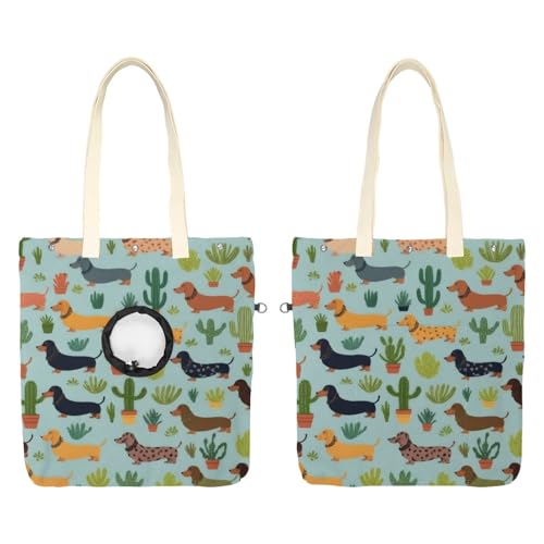 Schultertasche aus Segeltuch, weiche Seiten, Tragetasche für kleine Hunde und Katzen, tragbare Haustier-Handtasche mit verstellbarem Loch, waschbare Reisetasche, Kaktus-Dackel, 41 x 40 cm von etoenbrc